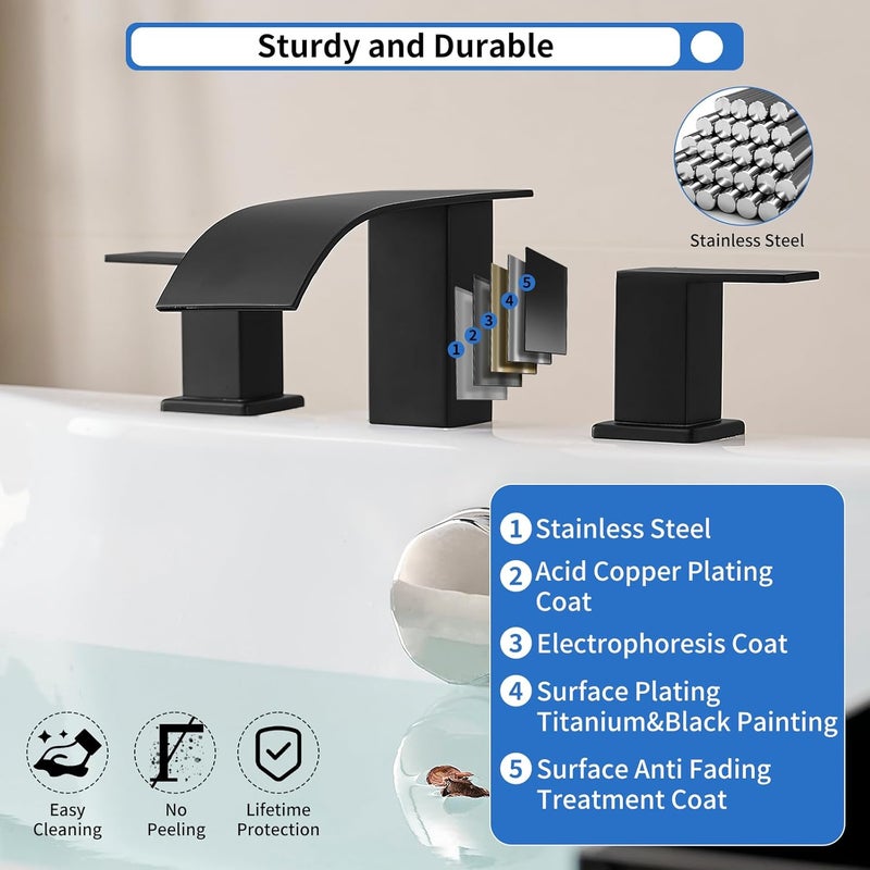 RUMOSE Matte Black Roman Bathtub Faucet Set Waterfall Tub Faucets High Flow Widespread 6-16 Inch 3 Holes Deck Mount Tub Filler 2 Handles Bathtub Filler Soaking Bath Faucet - Image 2